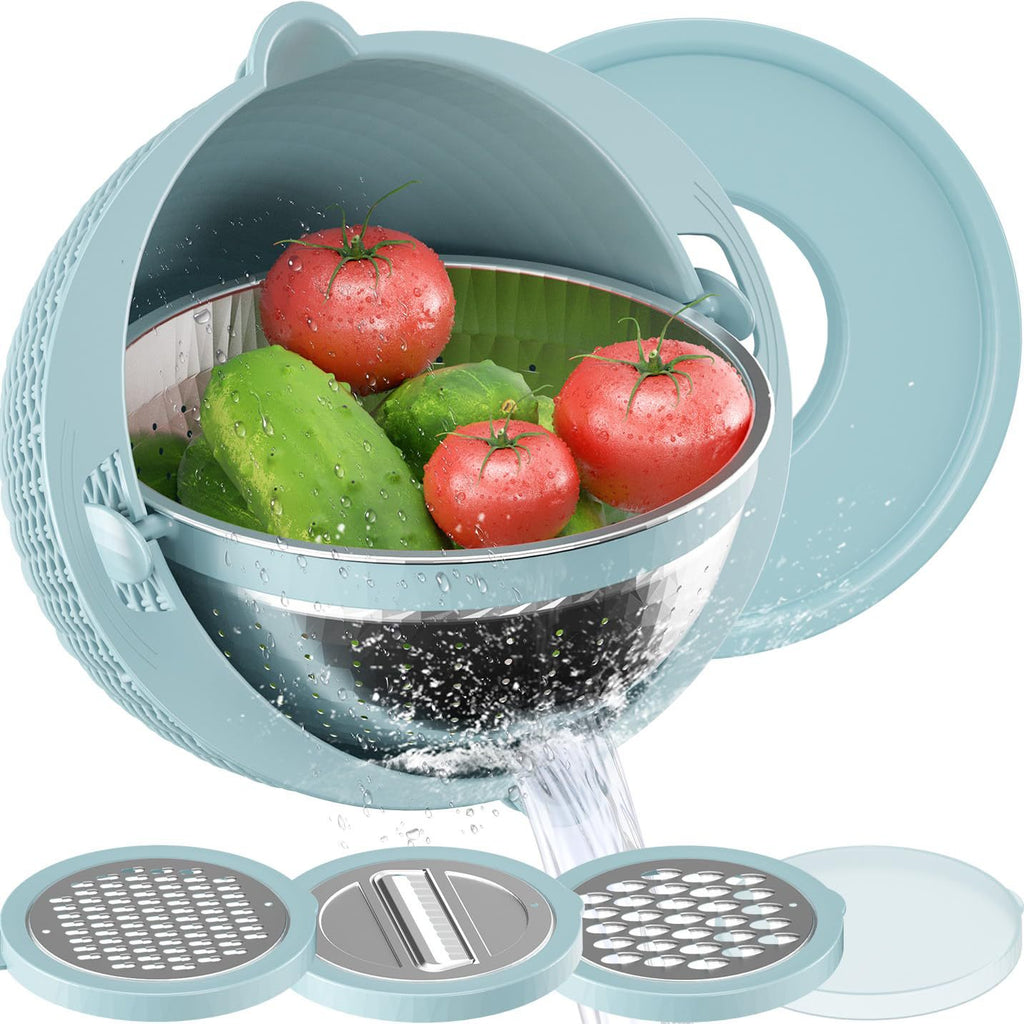 4 in 1 Colander with Mixing Bowl Set Rotatable Colander Drain Basket with Lid and Slicer Strainer Stainless Steel Mixing Bowls  for Cooking Baking Washing Vegetable