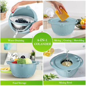 4 in 1 Colander with Mixing Bowl Set Rotatable Colander Drain Basket with Lid and Slicer Strainer Stainless Steel Mixing Bowls  for Cooking Baking Washing Vegetable