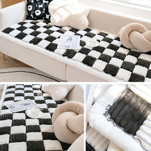 Flannel Couch Covers Checkerboard Sofa Cushions Couch Covers Garden Chic Cotton Protective Couch Cover Checked Cream Style for Sofa Protective Cushions, Bay Window Cushions, Bedside Cushions, Tatami