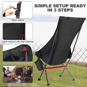 Outdoor Camping Chair with High Back Full Aluminum Alloy Chair Portable Foldable Chair Folding Chair with Carry Bag and Side Pockets for Outdoor Fishing Hiking Picnic