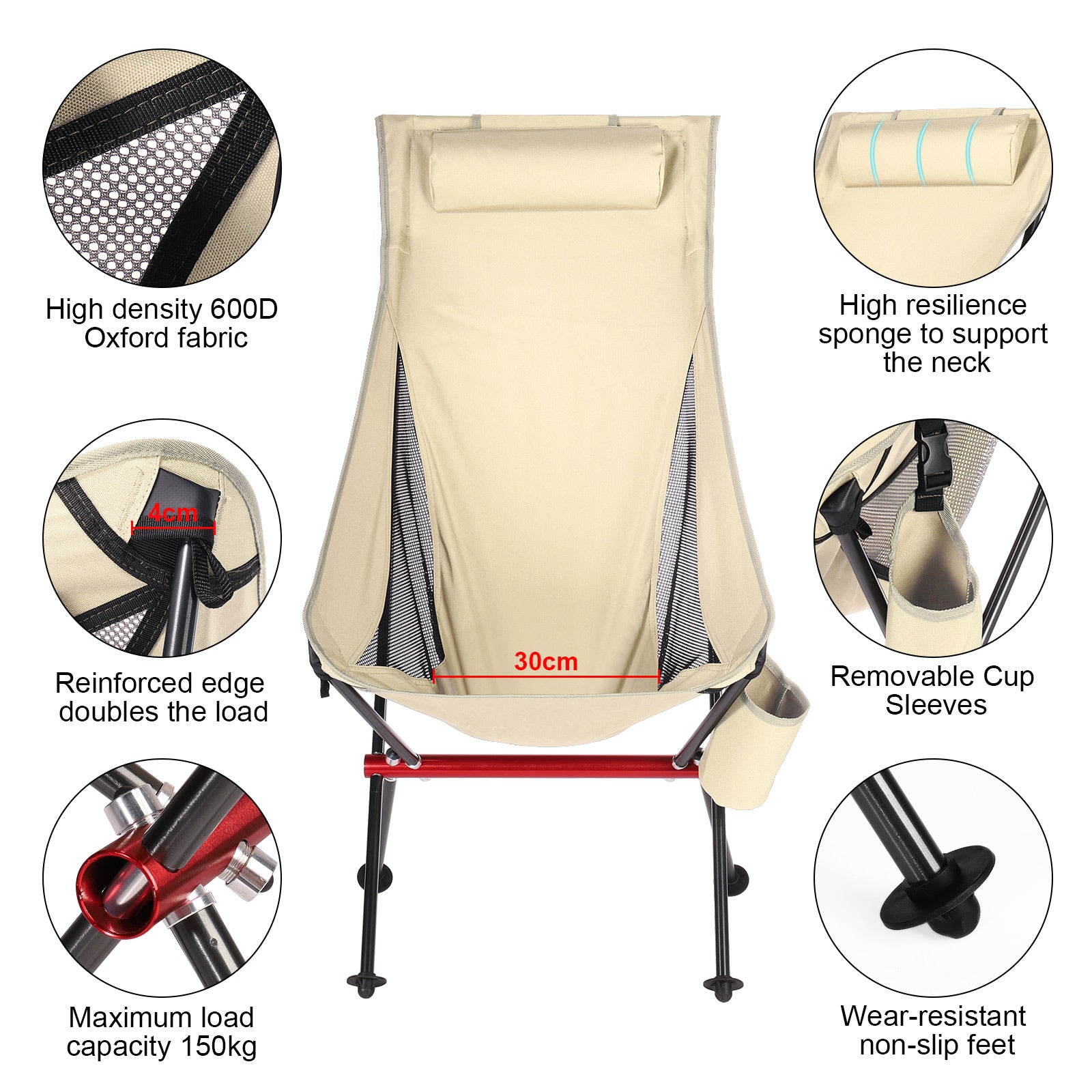 Outdoor Camping Chair with High Back Full Aluminum Alloy Chair Portable Foldable Chair Folding Chair with Carry Bag and Side Pockets for Outdoor Fishing Hiking Picnic