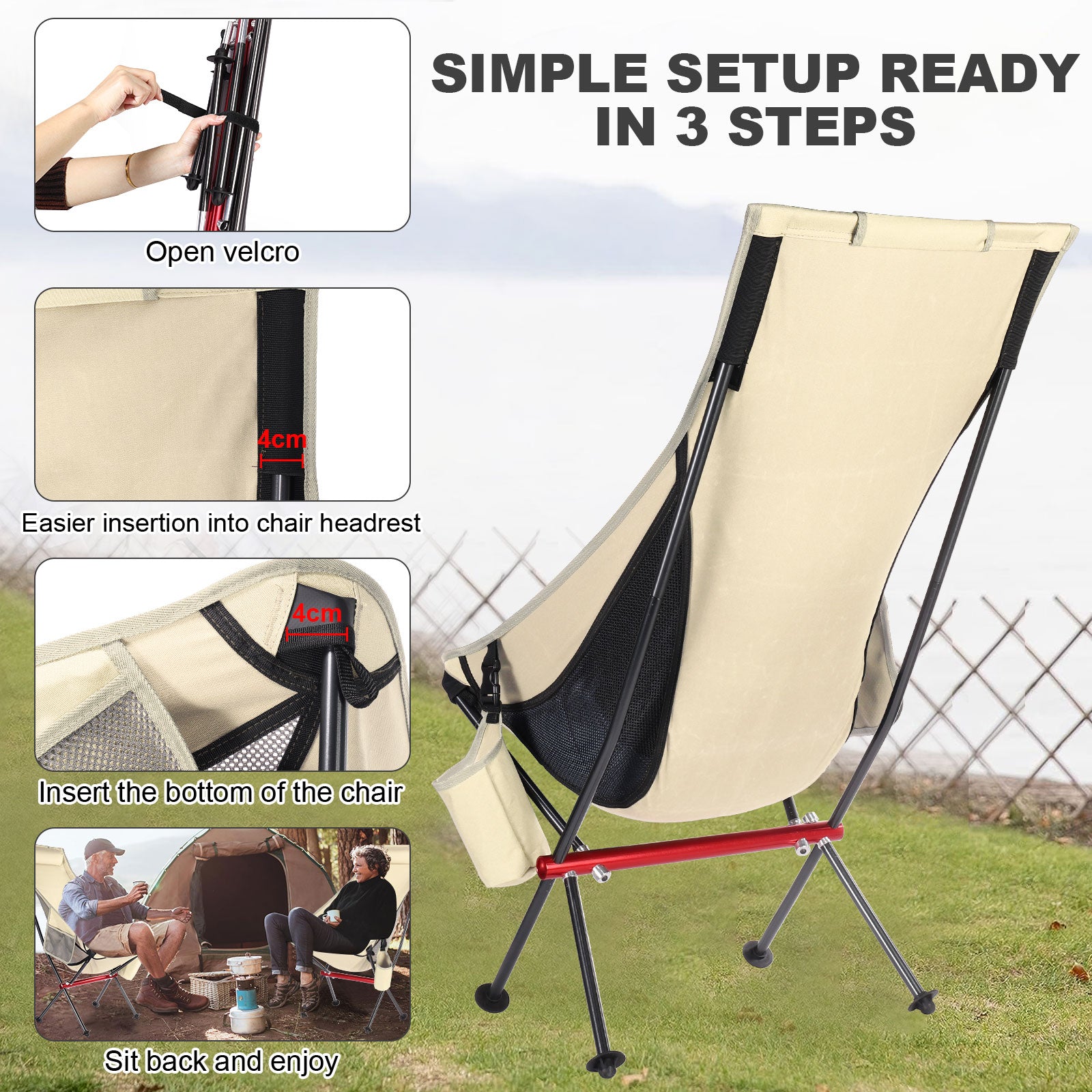 Outdoor Camping Chair with High Back Full Aluminum Alloy Chair Portable Foldable Chair Folding Chair with Carry Bag and Side Pockets for Outdoor Fishing Hiking Picnic