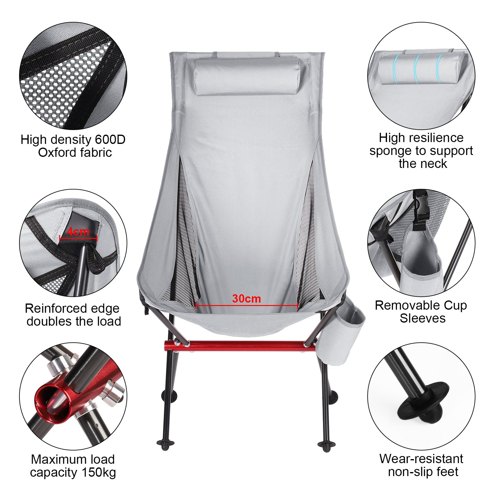 Outdoor Camping Chair with High Back Full Aluminum Alloy Chair Portable Foldable Chair Folding Chair with Carry Bag and Side Pockets for Outdoor Fishing Hiking Picnic