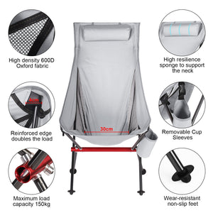 Outdoor Camping Chair with High Back Full Aluminum Alloy Chair Portable Foldable Chair Folding Chair with Carry Bag and Side Pockets for Outdoor Fishing Hiking Picnic