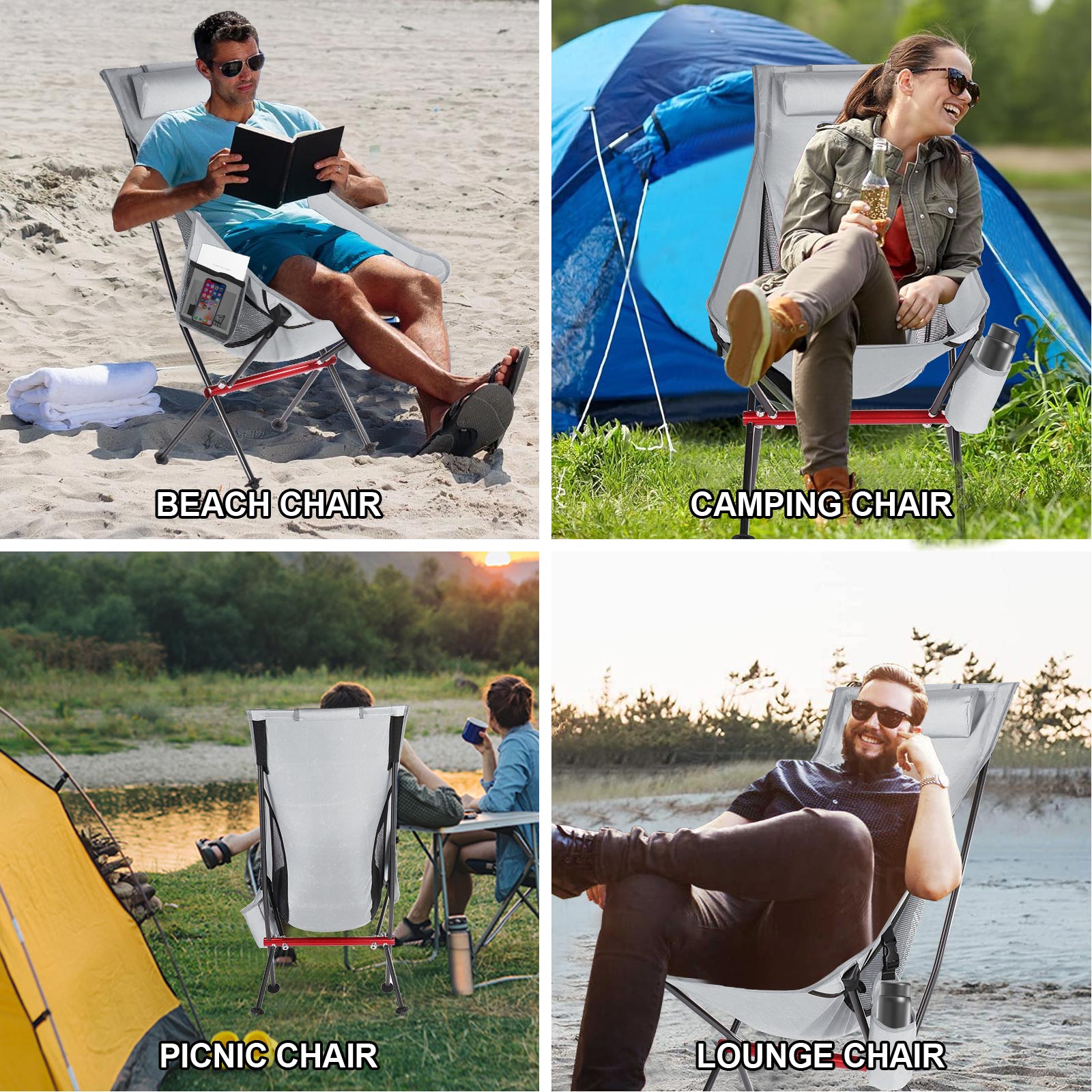 Outdoor Camping Chair with High Back Full Aluminum Alloy Chair Portable Foldable Chair Folding Chair with Carry Bag and Side Pockets for Outdoor Fishing Hiking Picnic