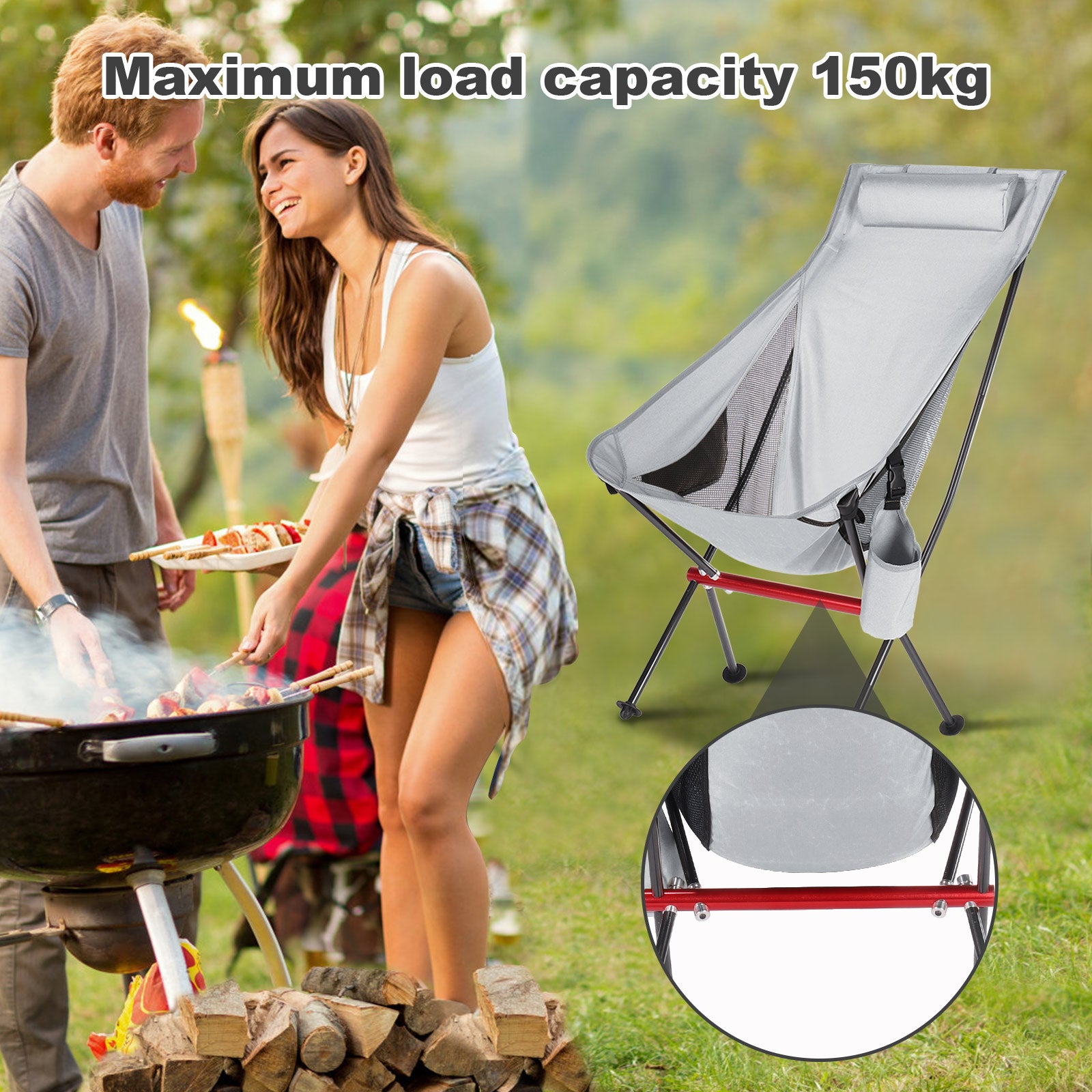 Outdoor Camping Chair with High Back Full Aluminum Alloy Chair Portable Foldable Chair Folding Chair with Carry Bag and Side Pockets for Outdoor Fishing Hiking Picnic