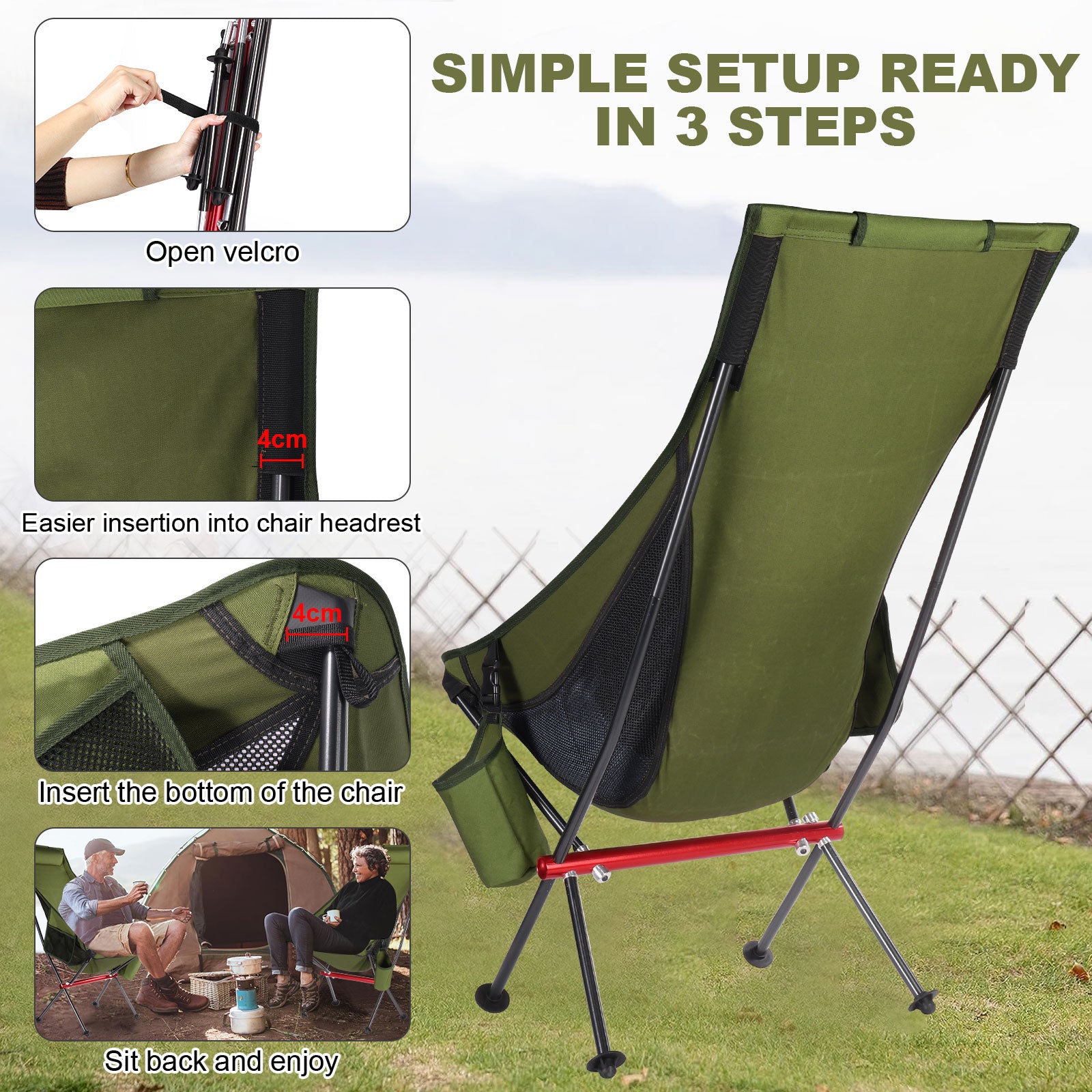 Outdoor Camping Chair with High Back Full Aluminum Alloy Chair Portable Foldable Chair Folding Chair with Carry Bag and Side Pockets for Outdoor Fishing Hiking Picnic