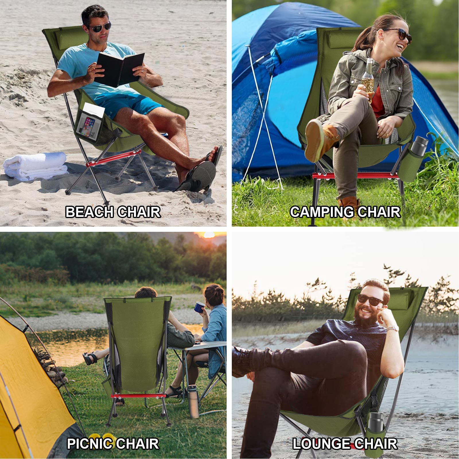 Outdoor Camping Chair with High Back Full Aluminum Alloy Chair Portable Foldable Chair Folding Chair with Carry Bag and Side Pockets for Outdoor Fishing Hiking Picnic