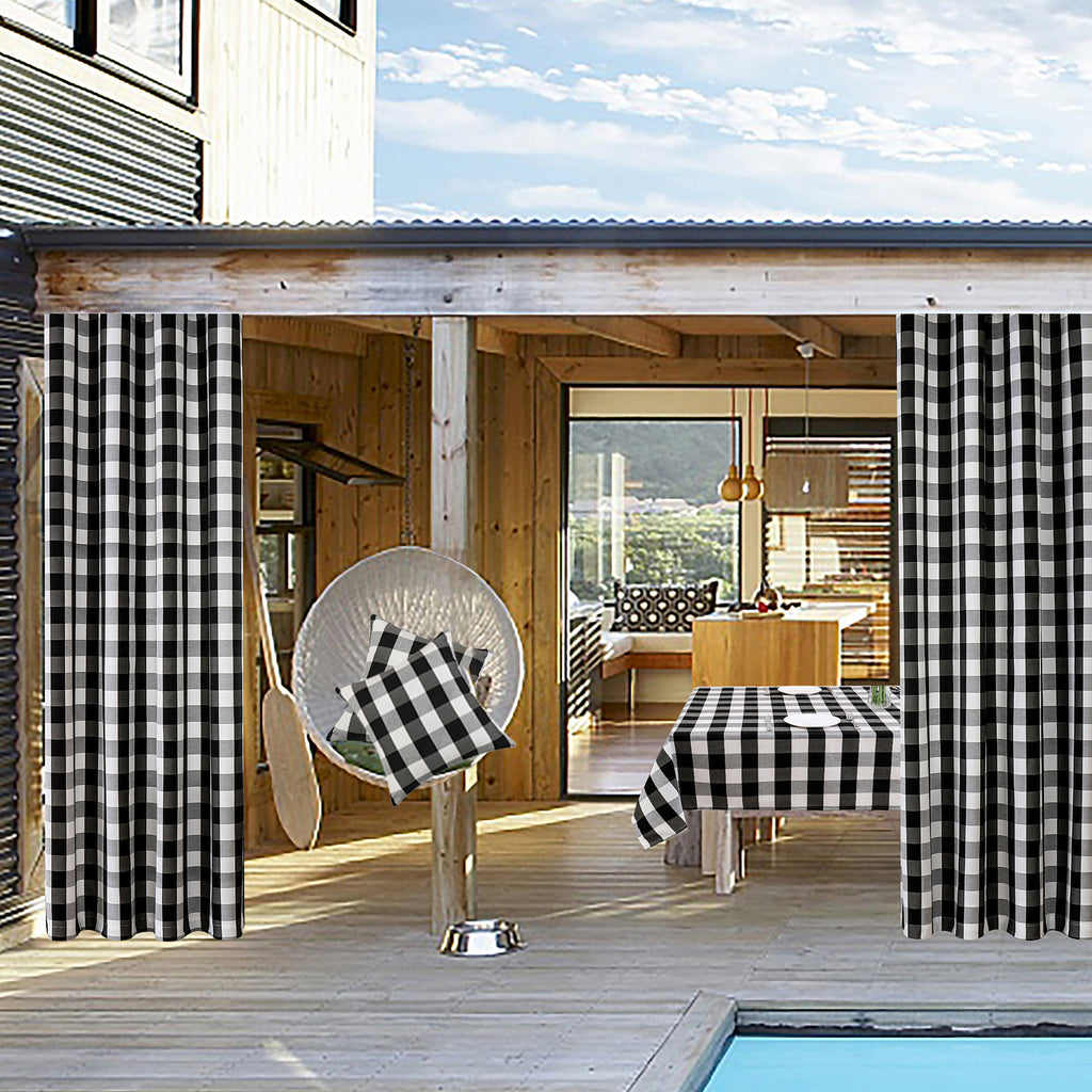 Black and White Buffalo Plaid Blackout Outdoor Curtains Set for Patio Waterproof with Series of Pillowcases & Tablecloth