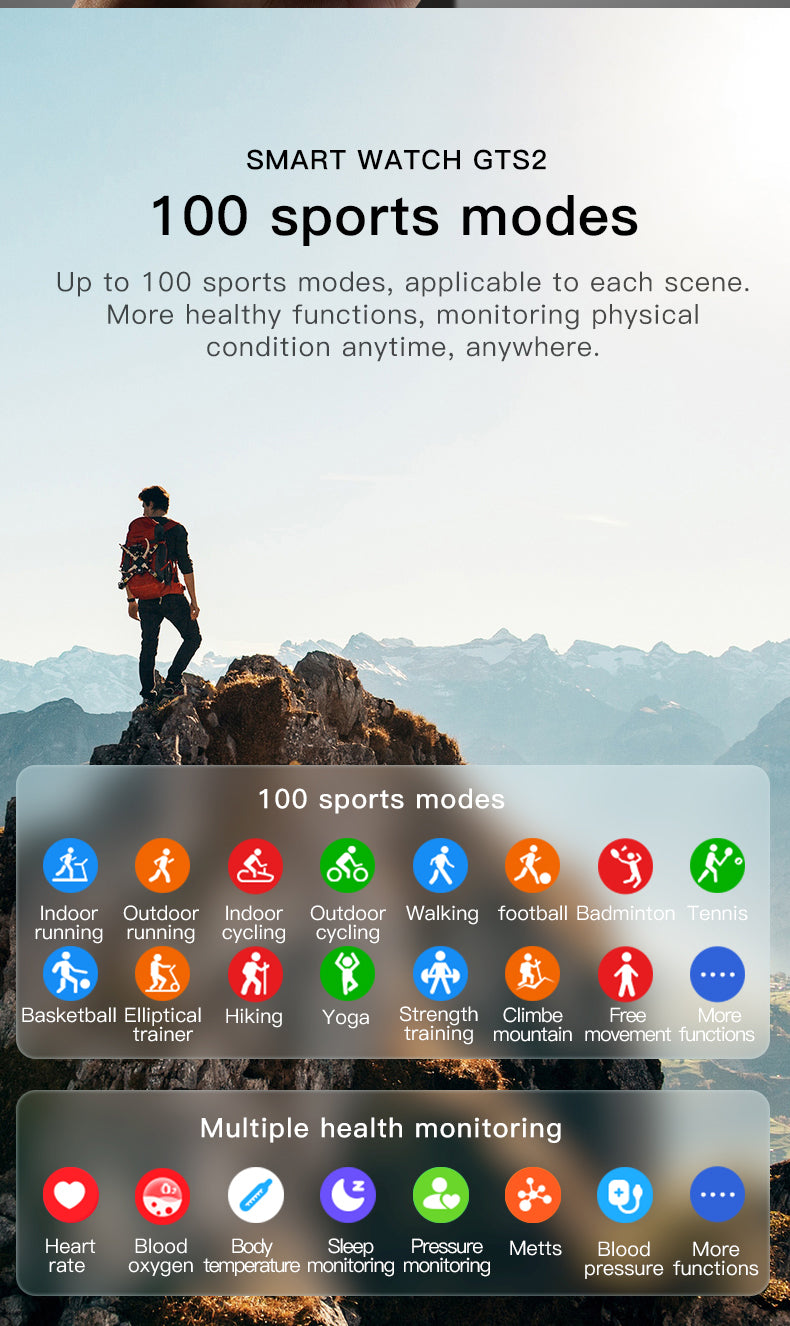 GTS2 1.69'' Waterproof Smart Watch Health monitor with 16 Sport Modes Music Control 45 Days Long Standby