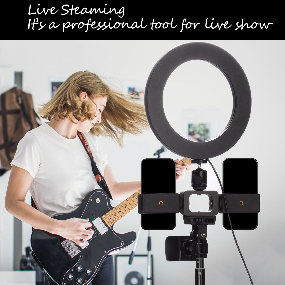 3 Colors LED Ring Light with Tripod Stand Phone Holder Remote Control Adjustable Height Multi USB Charging Cable