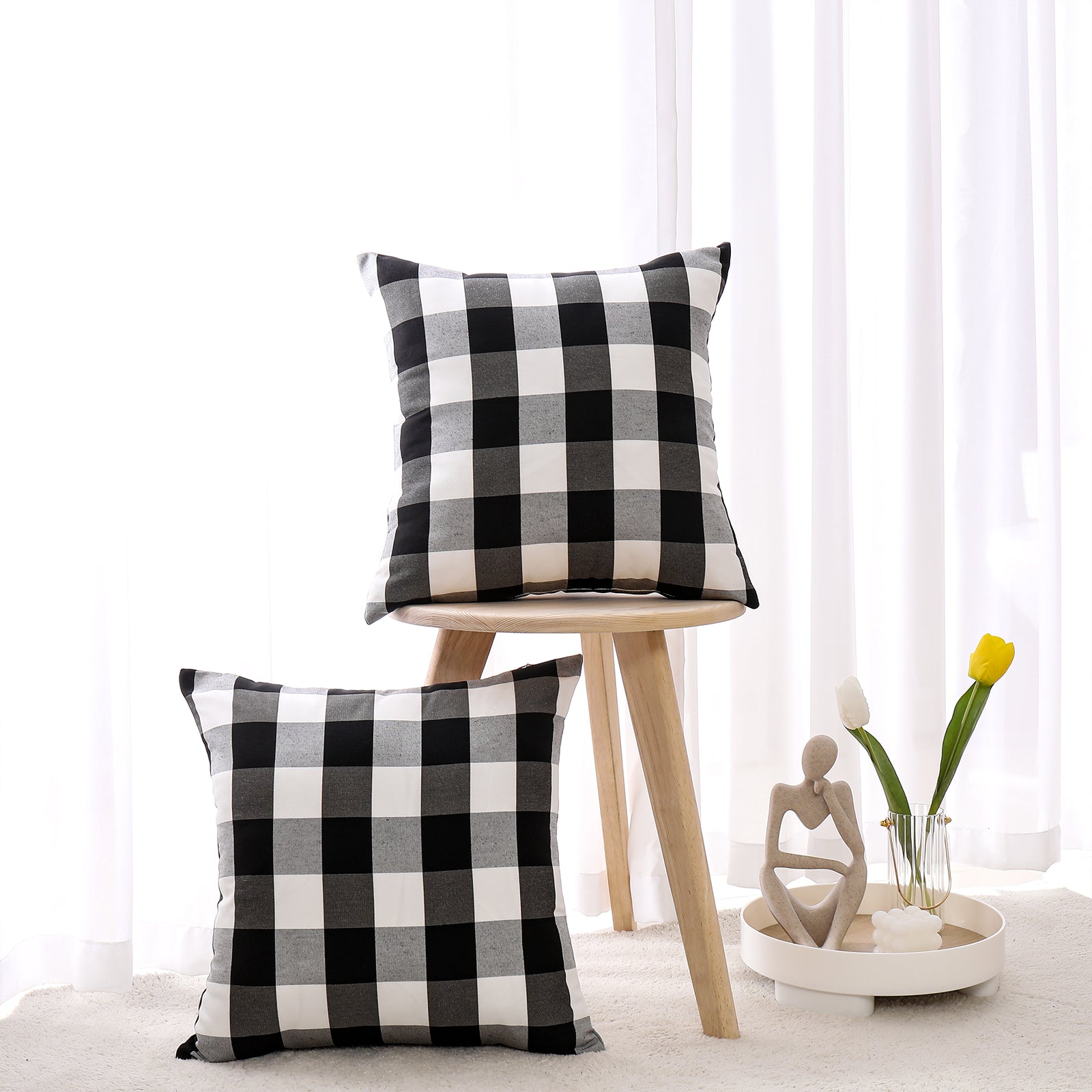 Black and White Buffalo Plaid Blackout Outdoor Curtains Set for Patio Waterproof with Series of Pillowcases & Tablecloth