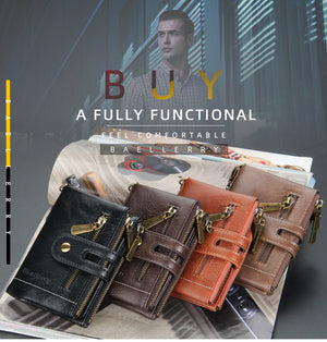 Men Leather Wallet with Double Anti-Theft Chain Double Zipper Coin Pocket Purse with ID Window, 4 Colors