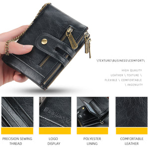 Men Leather Wallet with Double Anti-Theft Chain Double Zipper Coin Pocket Purse with ID Window, 4 Colors