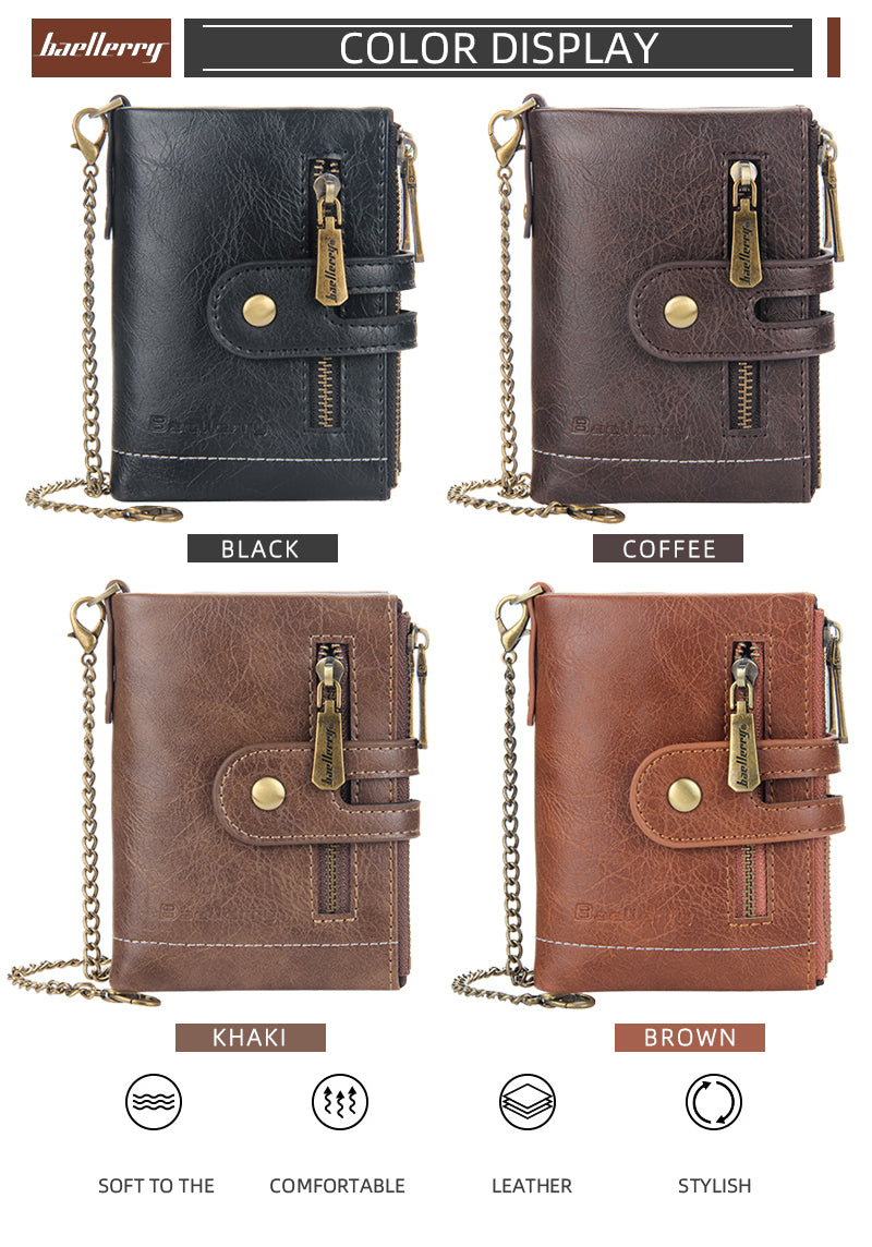 Men Leather Wallet with Double Anti-Theft Chain Double Zipper Coin Pocket Purse with ID Window, 4 Colors
