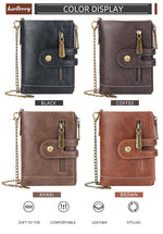 Men Leather Wallet with Double Anti-Theft Chain Double Zipper Coin Pocket Purse with ID Window, 4 Colors