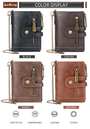 Men Leather Wallet with Double Anti-Theft Chain Double Zipper Coin Pocket Purse with ID Window, 4 Colors