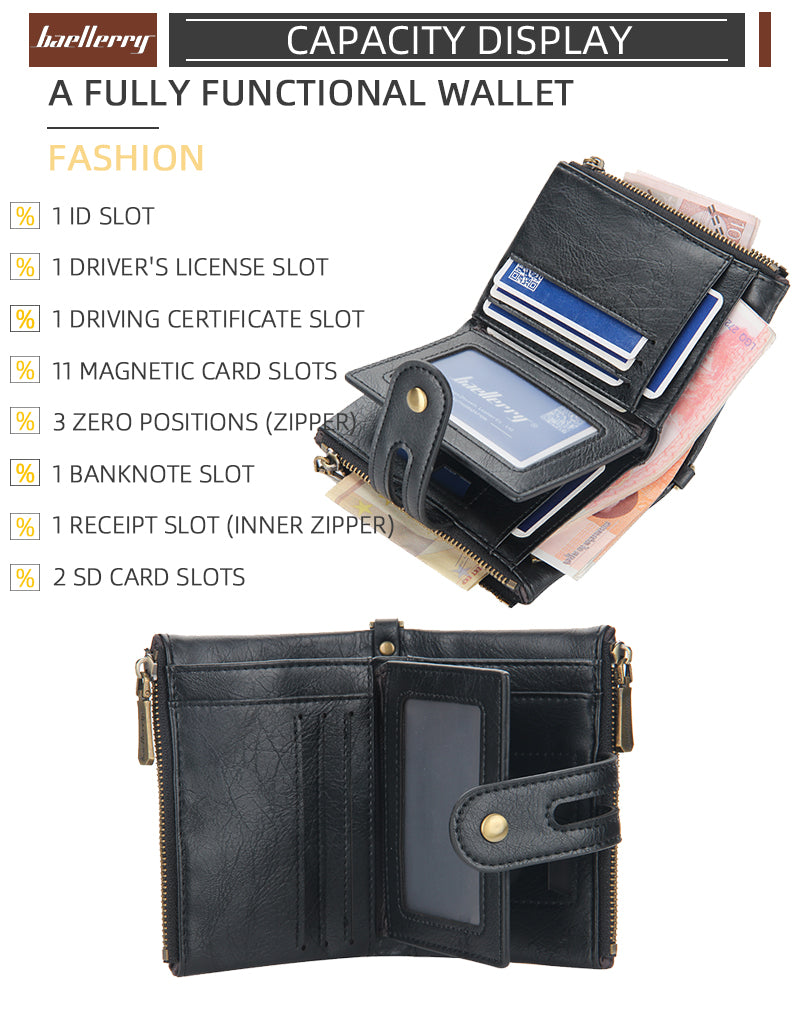 Men Leather Wallet with Double Anti-Theft Chain Double Zipper Coin Pocket Purse with ID Window, 4 Colors
