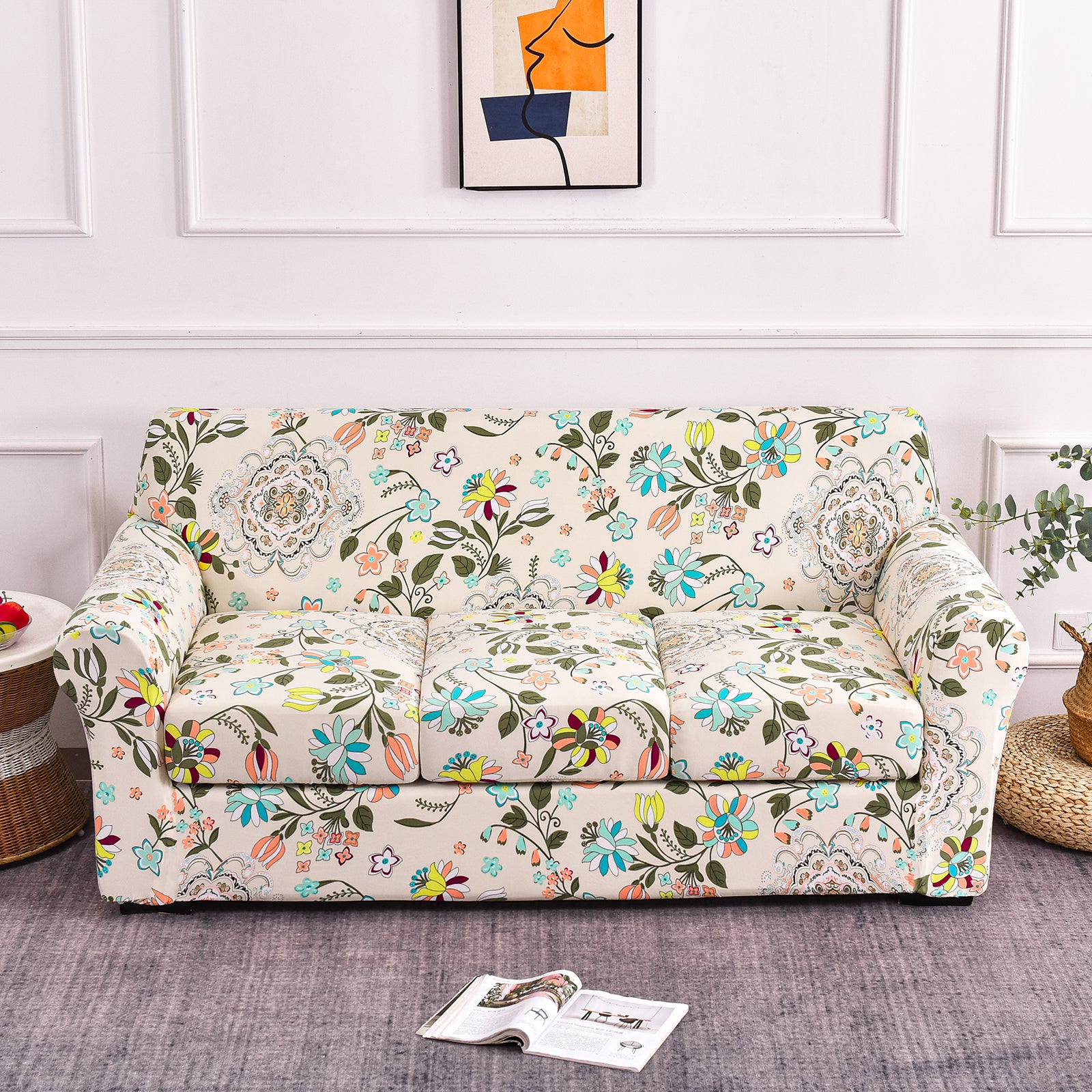 Printed Couch Covers for Three Seater Sofas - Floral Sofa Covers with Separate Pillow Shams, Stretch Sofa Slipcovers, Washable Furniture Protectors