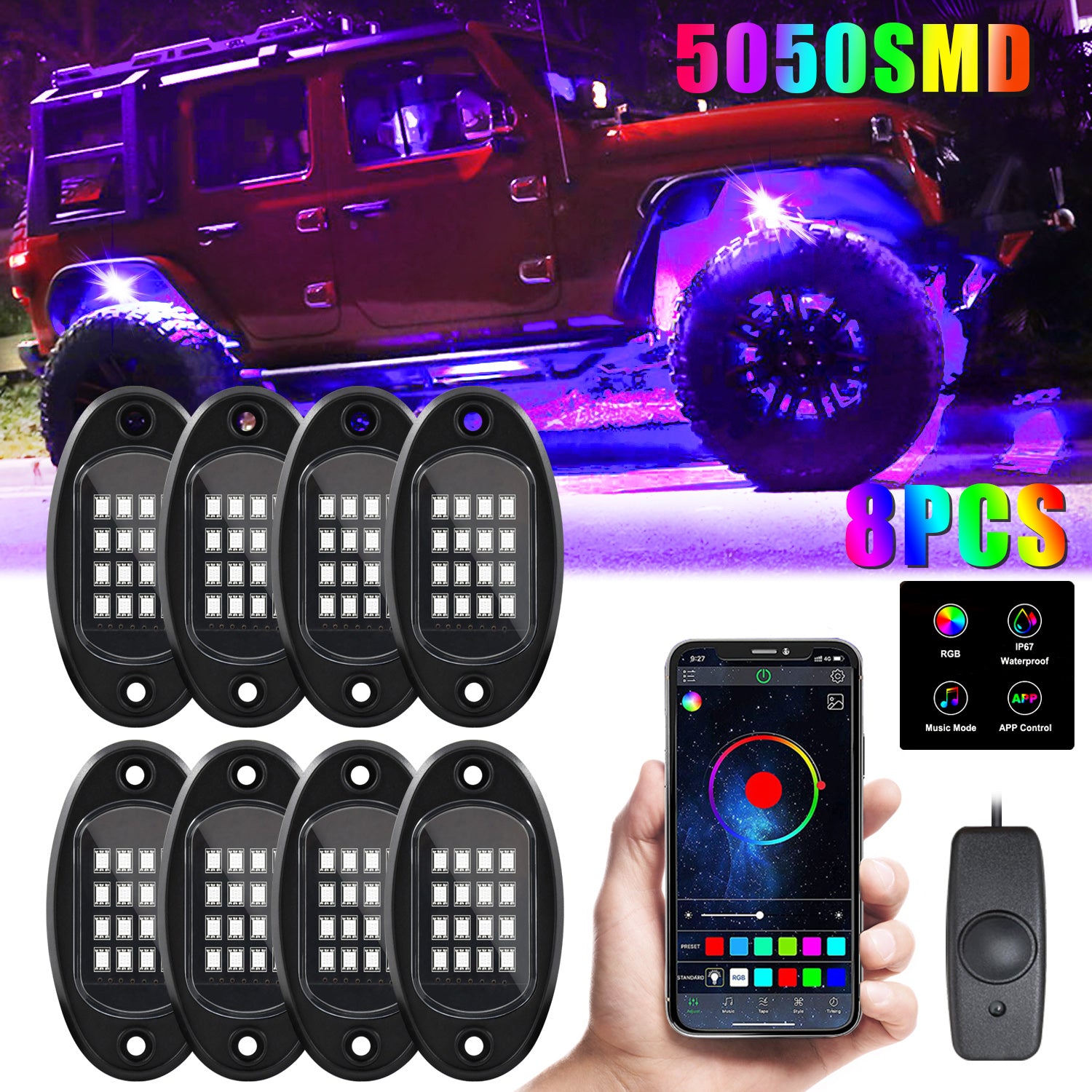 (4 pods) RGB LED Rock Lights, 90 LEDs Multicolor Neon Underglow Light Waterproof Music Lighting Kit with APP & RF Control