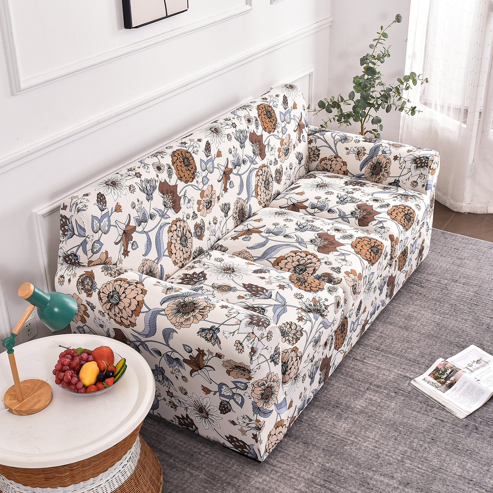 Printed Couch Covers for Three Seater Sofas - Floral Sofa Covers with Separate Pillow Shams, Stretch Sofa Slipcovers, Washable Furniture Protectors