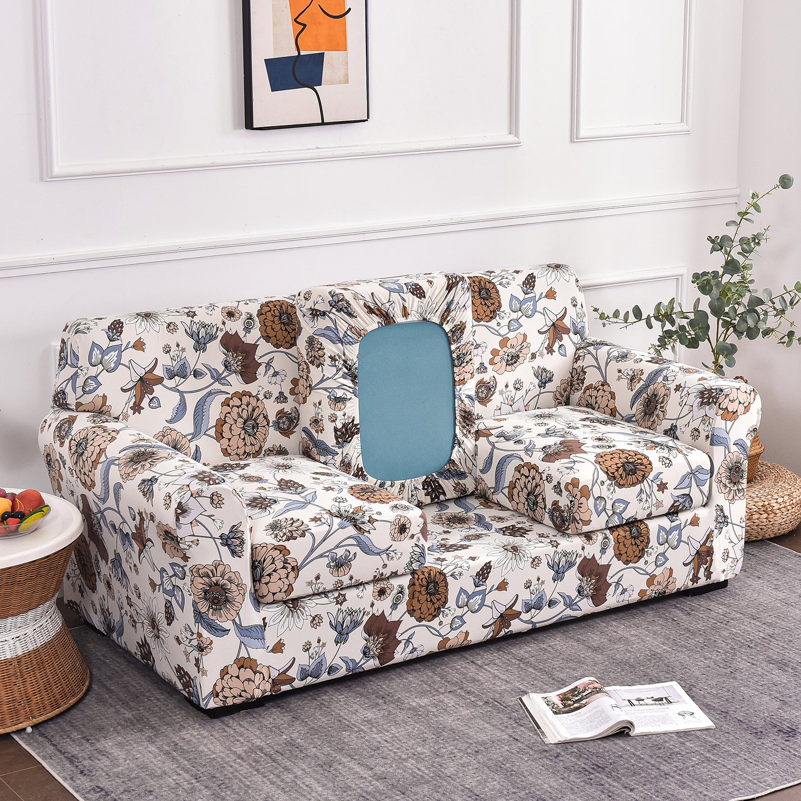 Printed Couch Covers for Three Seater Sofas - Floral Sofa Covers with Separate Pillow Shams, Stretch Sofa Slipcovers, Washable Furniture Protectors