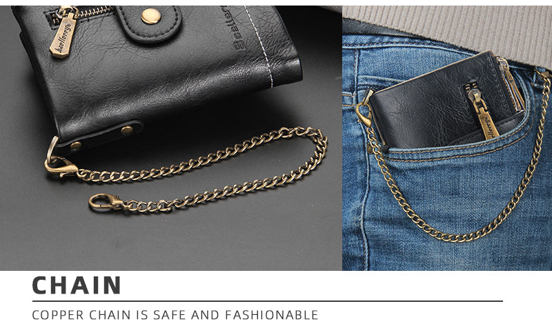 Men Leather Wallet with Double Anti-Theft Chain Double Zipper Coin Pocket Purse with ID Window, 4 Colors