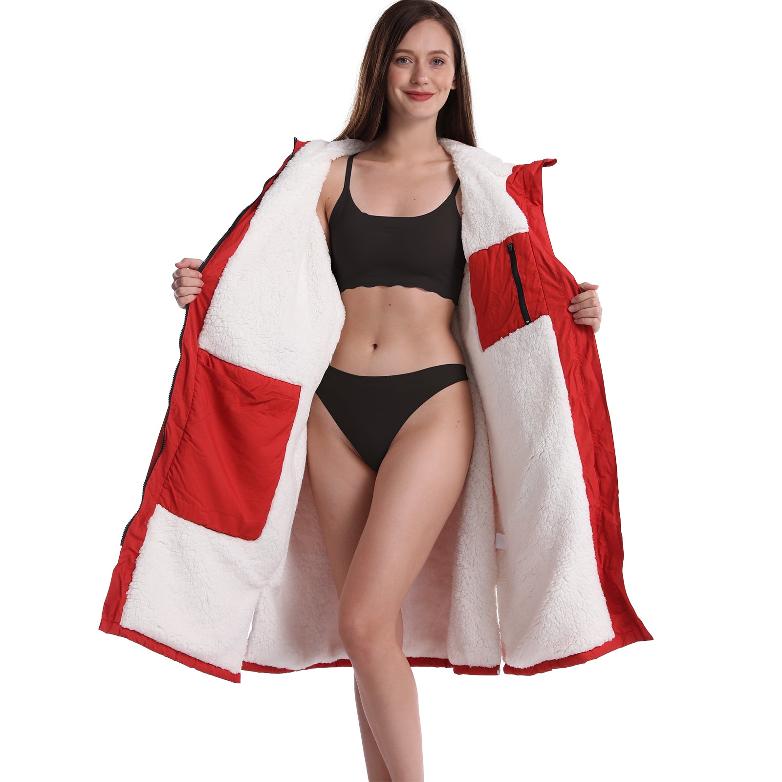 Adult Waterproof Bathrobe，Windproof Swim Parka Oversized Surf Poncho Hooded Warm Coat Fleece Lining