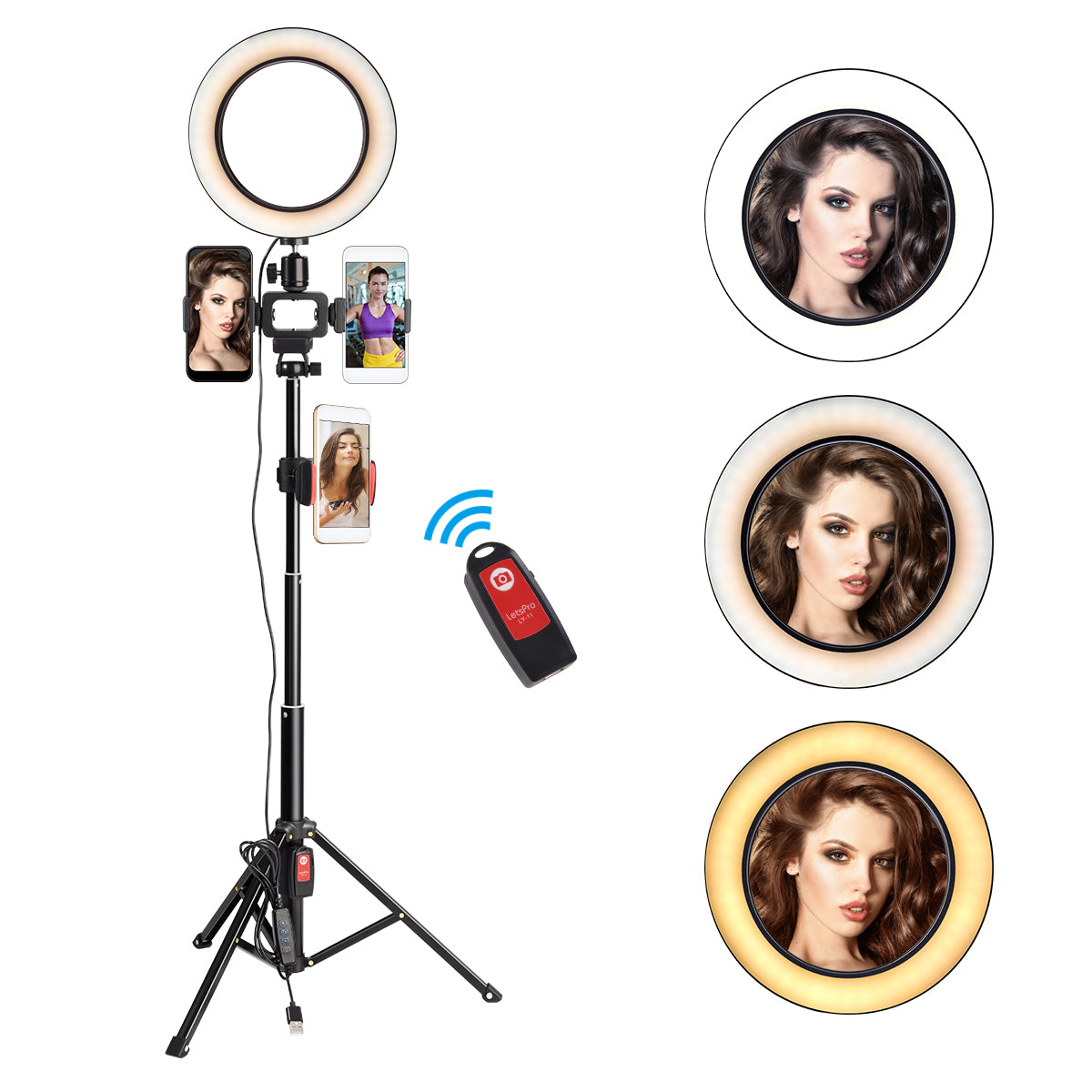 3 Colors LED Ring Light with Tripod Stand Phone Holder Remote Control Adjustable Height Multi USB Charging Cable