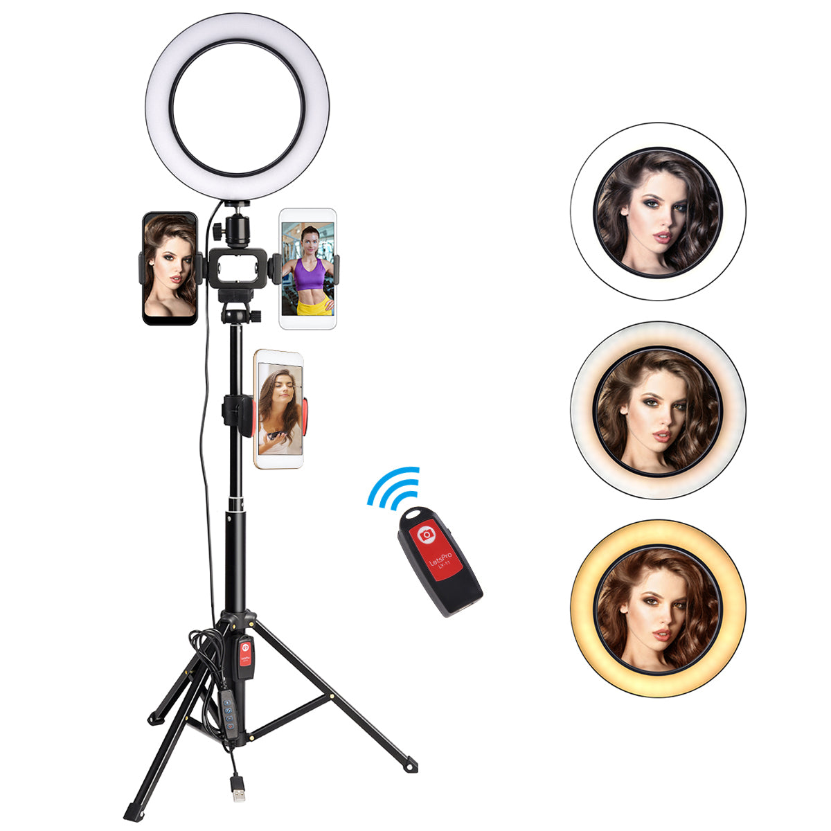 3 Colors LED Ring Light with Tripod Stand Phone Holder Remote Control Adjustable Height Multi USB Charging Cable