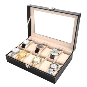 Watch Box 12 Slot Display Case Organizer Real Glass Lid Jewelry Storage with Pu Leather for Men and Women, Black