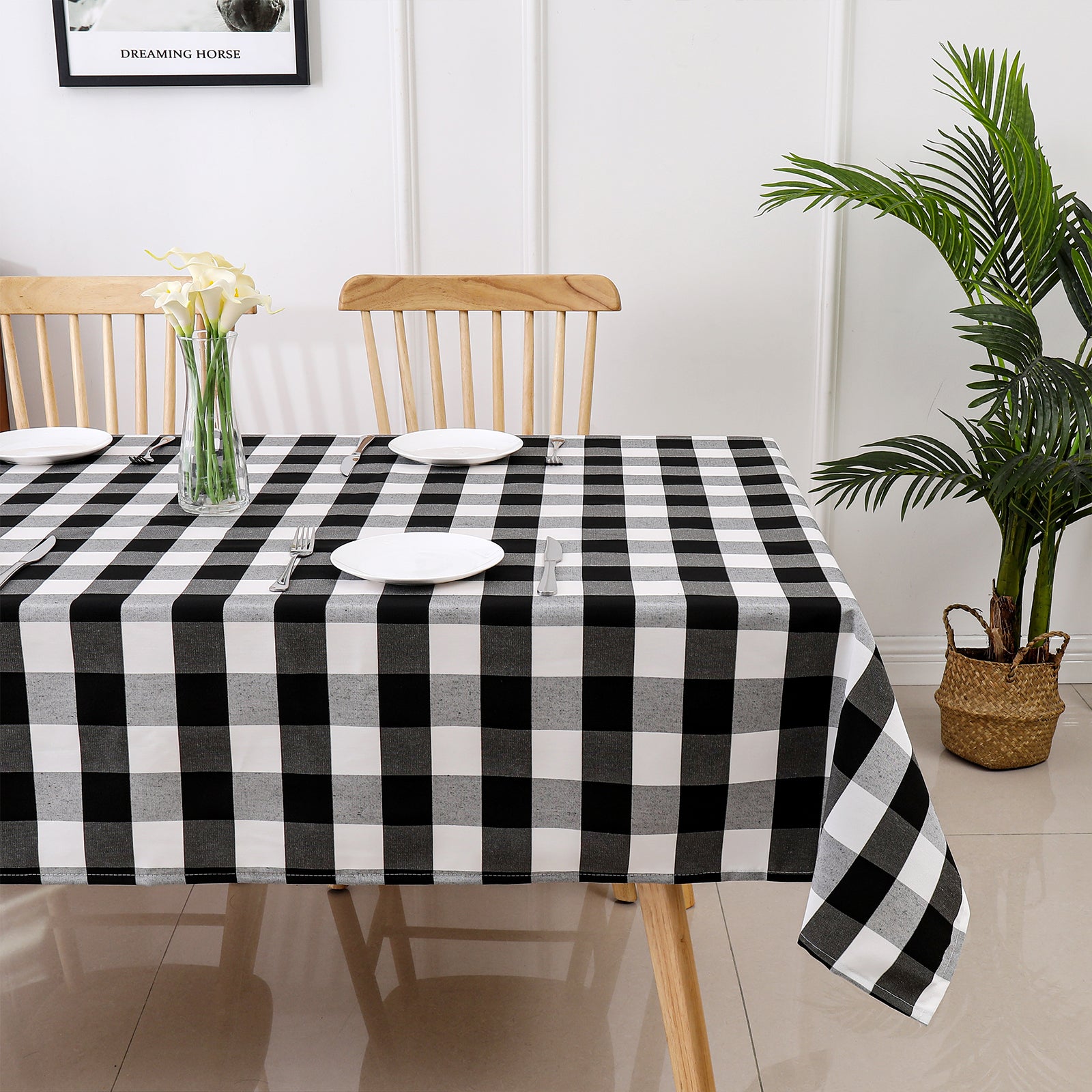 Black and White Buffalo Plaid Blackout Outdoor Curtains Set for Patio Waterproof with Series of Pillowcases & Tablecloth