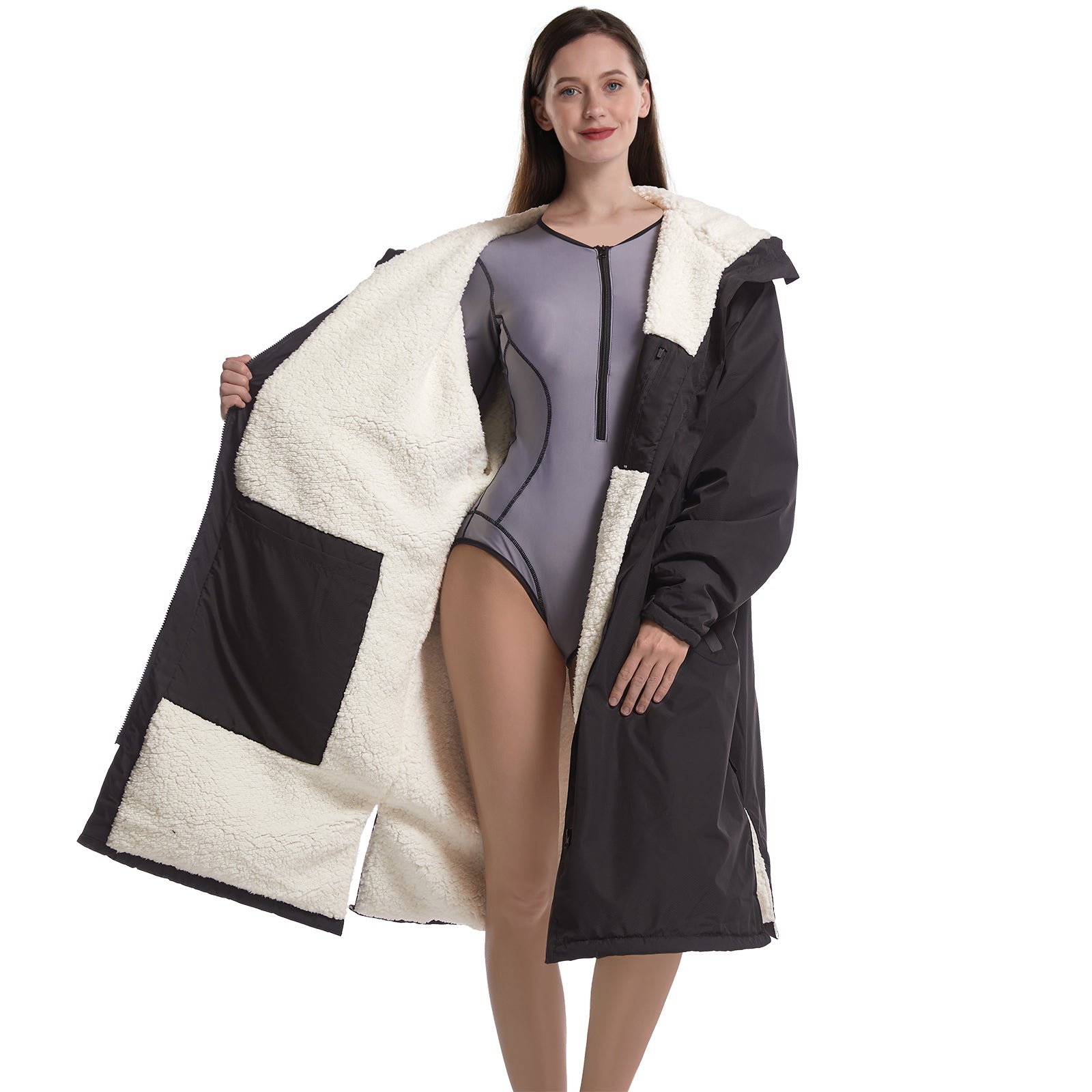 Adult Waterproof Bathrobe，Windproof Swim Parka Oversized Surf Poncho Hooded Warm Coat Fleece Lining