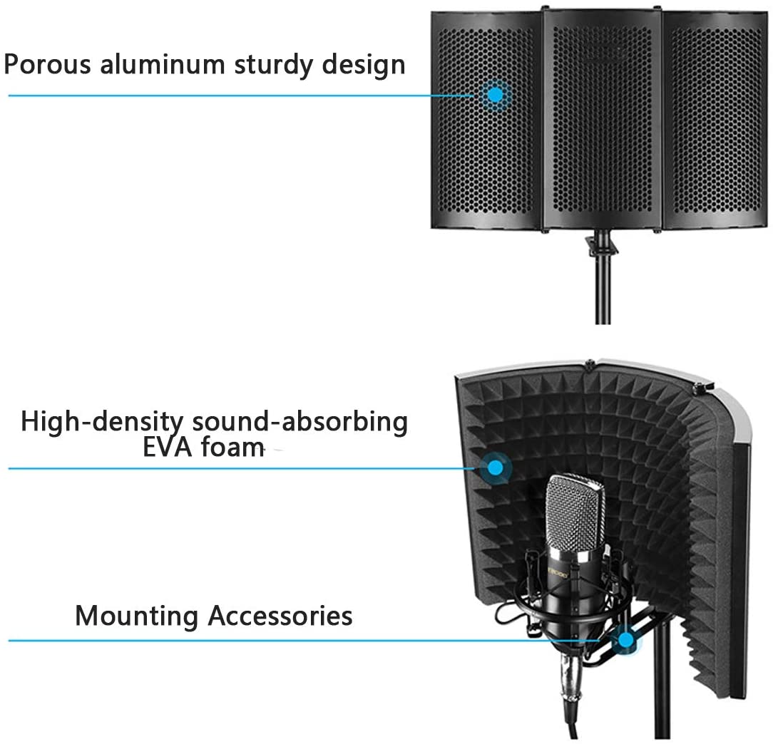 Microphone Isolation Shield, Pop Filter, Foldable Adjustable Durable Studio Recording Microphone Isolator Panel