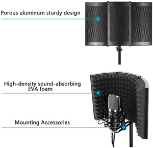 Microphone Isolation Shield, Pop Filter, Foldable Adjustable Durable Studio Recording Microphone Isolator Panel