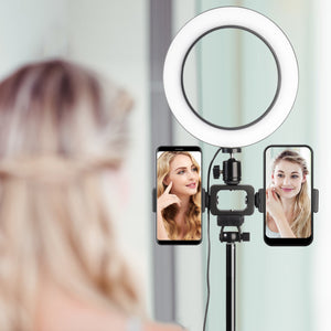 3 Colors LED Ring Light with Tripod Stand Phone Holder Remote Control Adjustable Height Multi USB Charging Cable