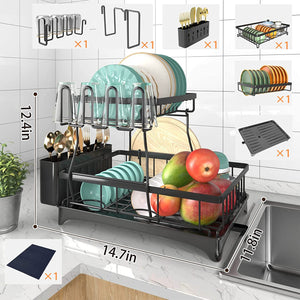 2-Tier Dish Drying Rack with Drainboard Dish Racks for Kitchen Counter, Dish Drainer Set with Utensils Holder Large Capacity Dish Strainers