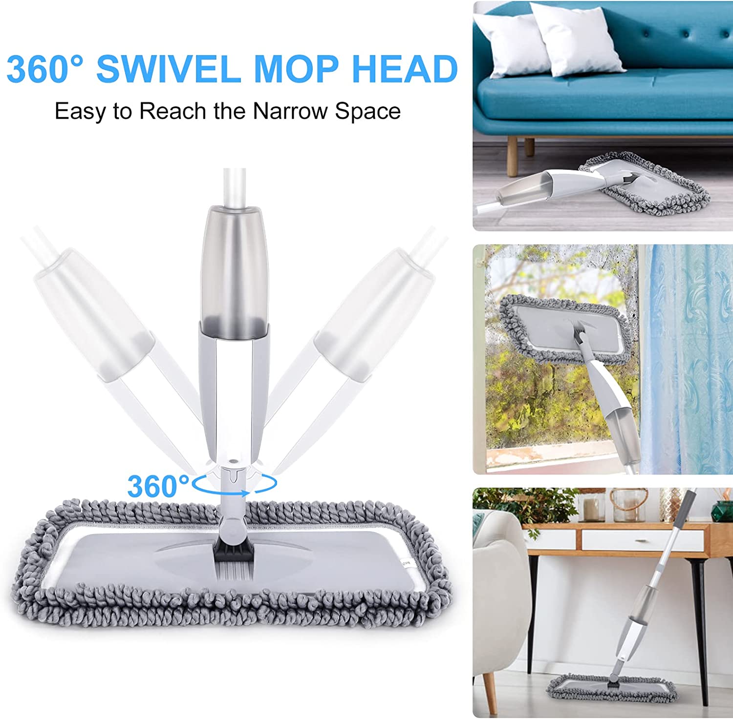 Spray mop for floor cleaning, floor wiper with spray function for floor cleaning with 2 reusable pads & 2 refillable bottles & 1 scraper