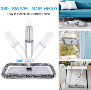 Spray mop for floor cleaning, floor wiper with spray function for floor cleaning with 2 reusable pads & 2 refillable bottles & 1 scraper