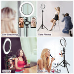 3 Colors LED Ring Light with Tripod Stand Phone Holder Remote Control Adjustable Height Multi USB Charging Cable