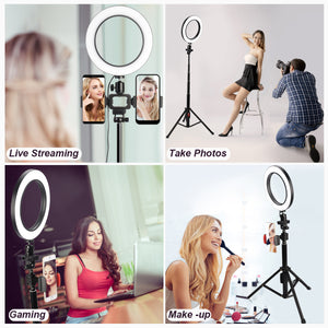 3 Colors LED Ring Light with Tripod Stand Phone Holder Remote Control Adjustable Height Multi USB Charging Cable