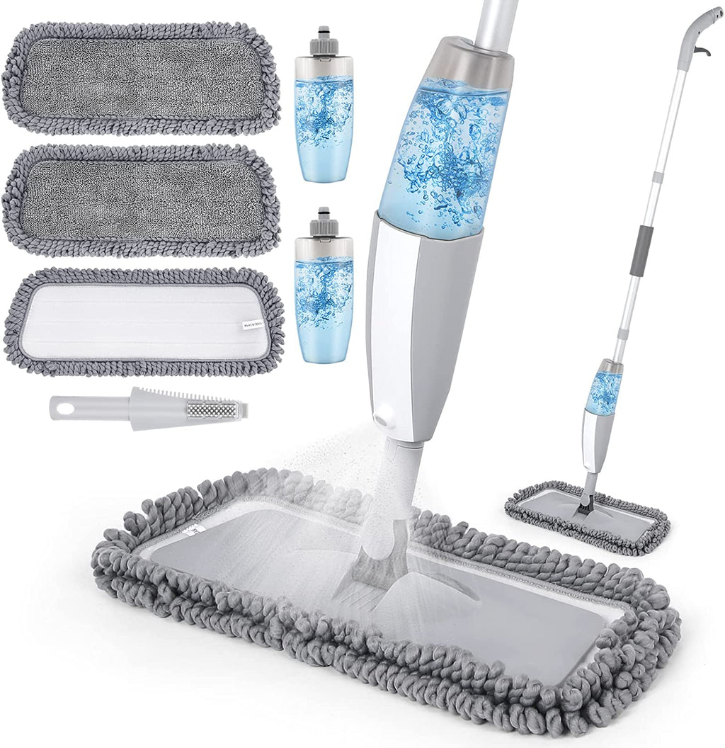 Spray mop for floor cleaning, floor wiper with spray function for floor cleaning with 2 reusable pads & 2 refillable bottles & 1 scraper