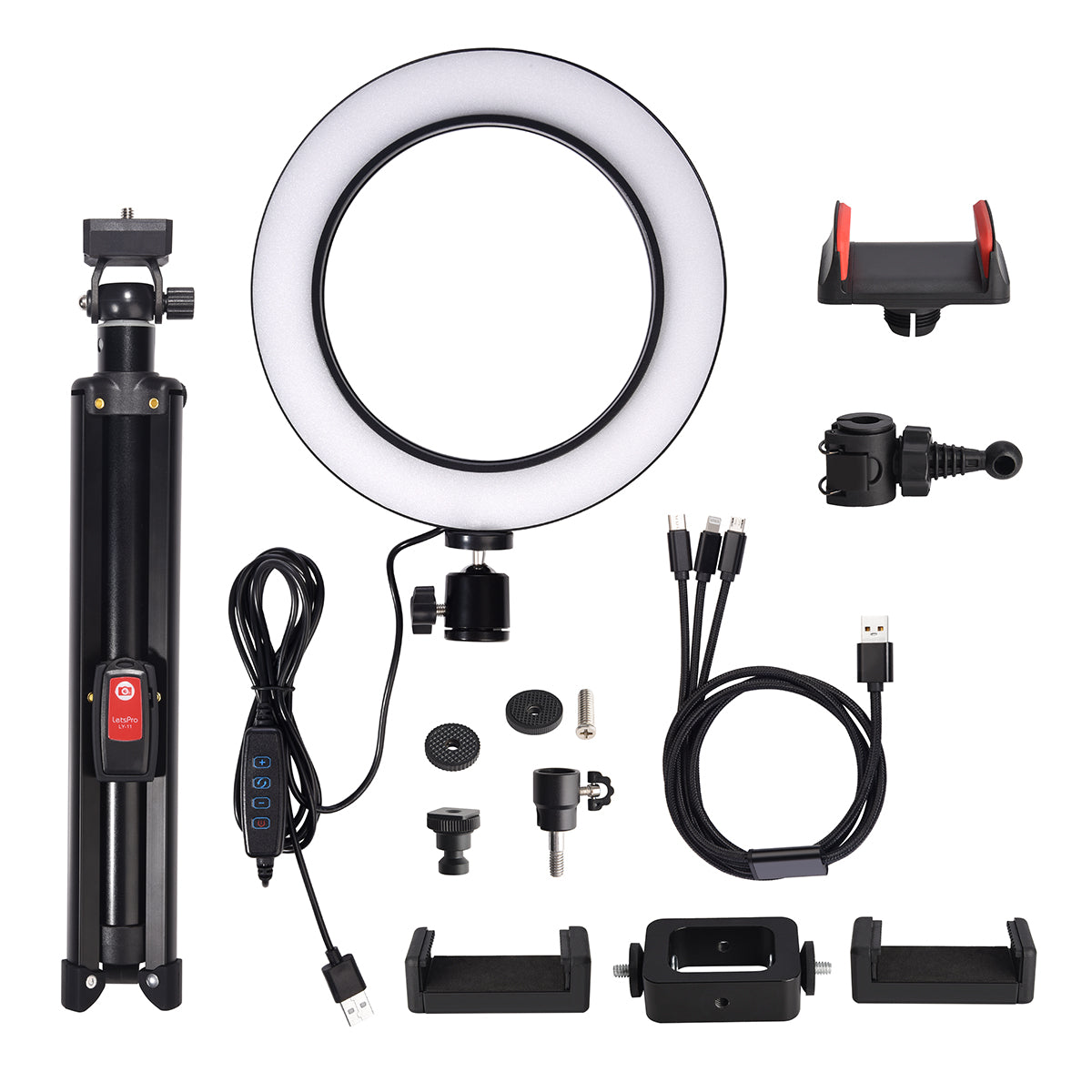 3 Colors LED Ring Light with Tripod Stand Phone Holder Remote Control Adjustable Height Multi USB Charging Cable