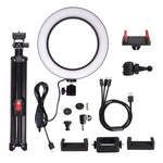 3 Colors LED Ring Light with Tripod Stand Phone Holder Remote Control Adjustable Height Multi USB Charging Cable