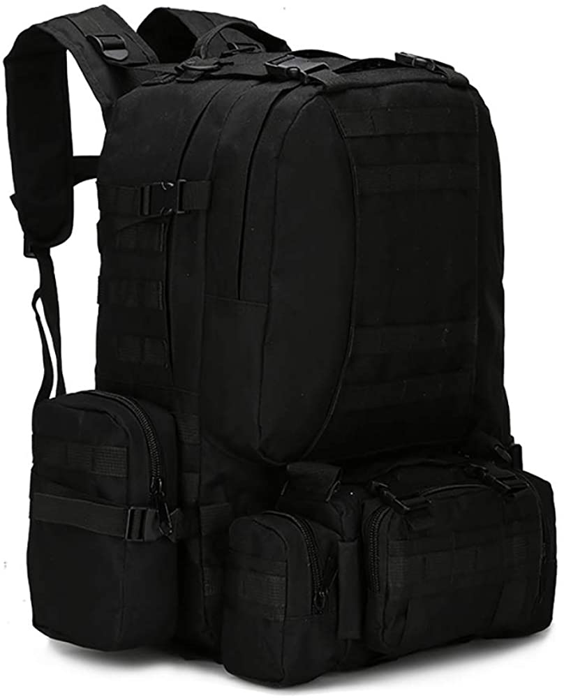 55L Tactical Backpack Military Assault Pack Camping Hiking Outdoor Traveling Backpack Waterproof Detachable, Black/Camouflage