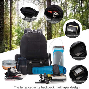 55L Tactical Backpack Military Assault Pack Camping Hiking Outdoor Traveling Backpack Waterproof Detachable, Black/Camouflage