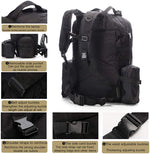 55L Tactical Backpack Military Assault Pack Camping Hiking Outdoor Traveling Backpack Waterproof Detachable, Black/Camouflage