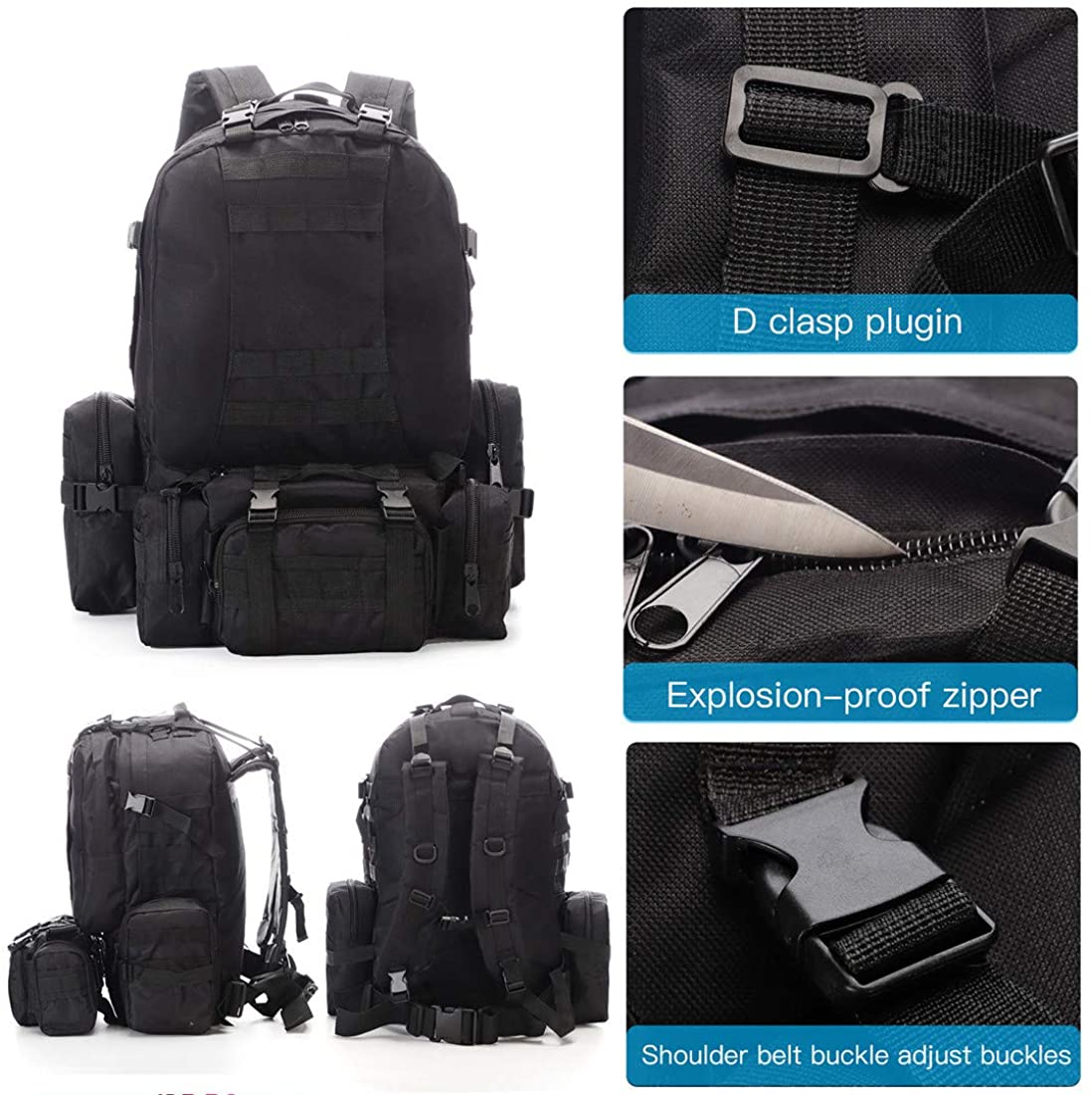 55L Tactical Backpack Military Assault Pack Camping Hiking Outdoor Traveling Backpack Waterproof Detachable, Black/Camouflage