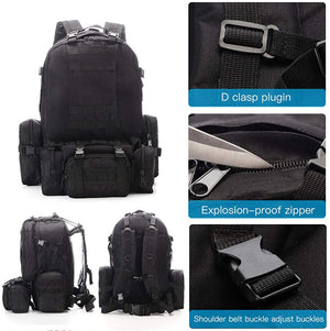 55L Tactical Backpack Military Assault Pack Camping Hiking Outdoor Traveling Backpack Waterproof Detachable, Black/Camouflage