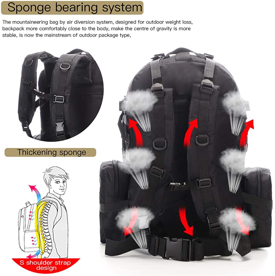 55L Tactical Backpack Military Assault Pack Camping Hiking Outdoor Traveling Backpack Waterproof Detachable, Black/Camouflage